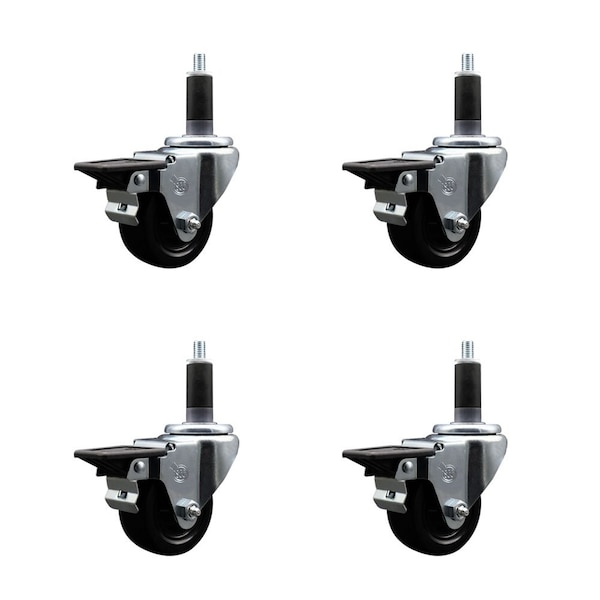 3'' Hard Rubber Swivel 1-1/8'' Expanding Stem Caster Set with Brake, 4PK
